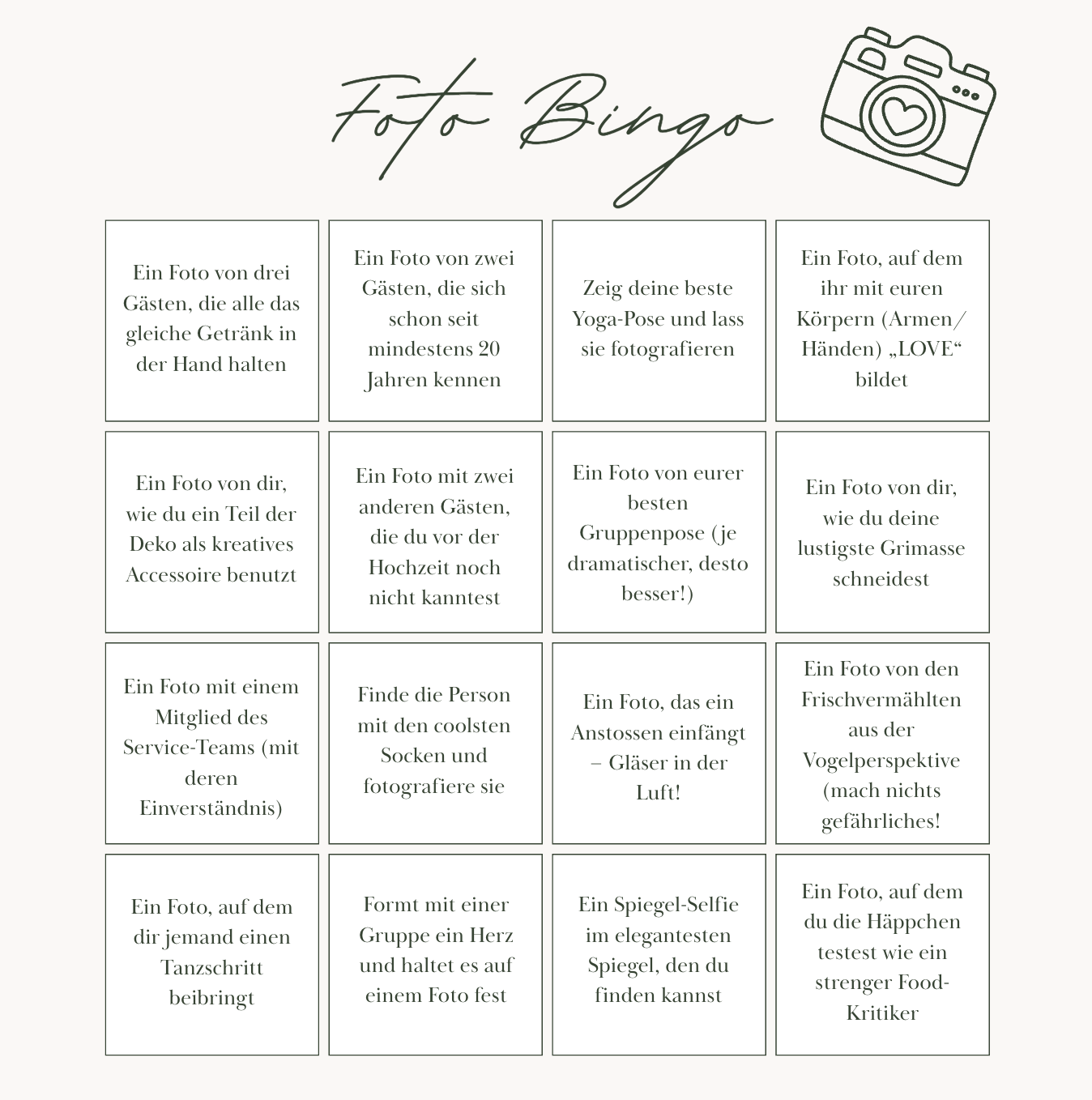 Die Foto-Bingo-Karte auf Deutsch