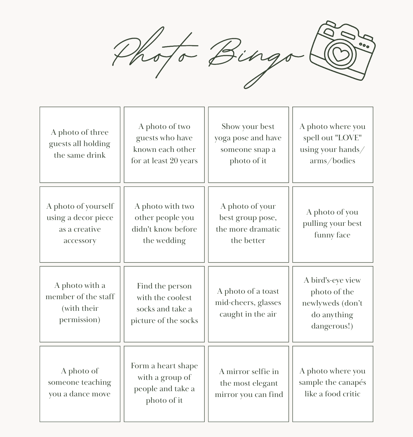The wedding photo bingo card in English