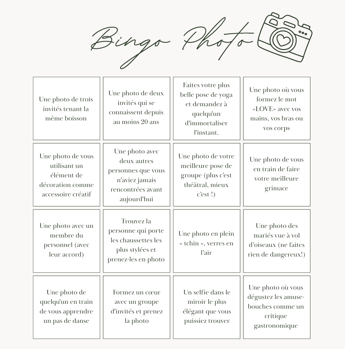 La carte de bingo photo en français